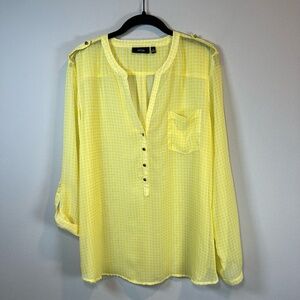 APT.9 V-Neck Half Button Up Popover Blouse Top Yellow White Grid Sheer Office XL